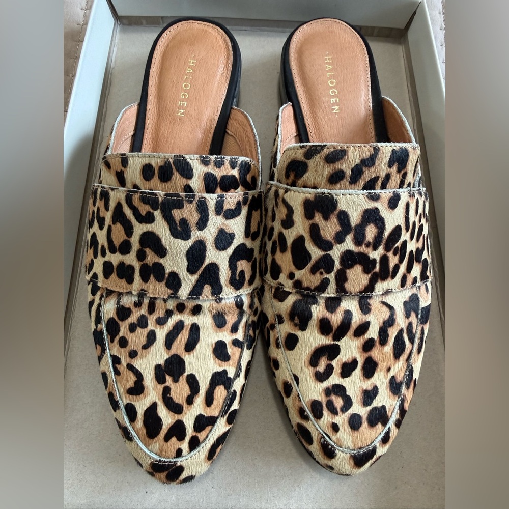 Halogen calf hair leopard mules size 5